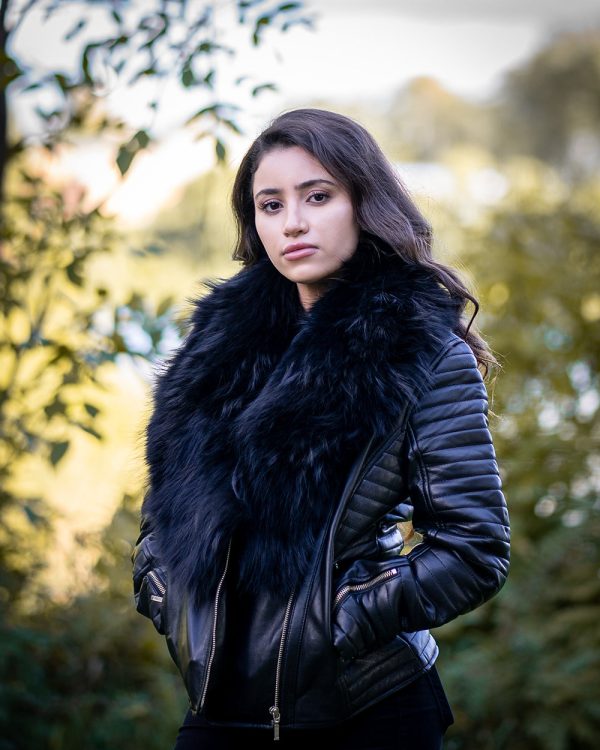 Amarah’s Large Fur Shawl leather jacket with ribbed sleeve detailing - Image 3