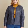 Navy leather jacket with side stitching for women