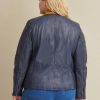Navy leather jacket with side stitching for women - Image 2