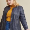 Navy leather jacket with side stitching for women - Image 4