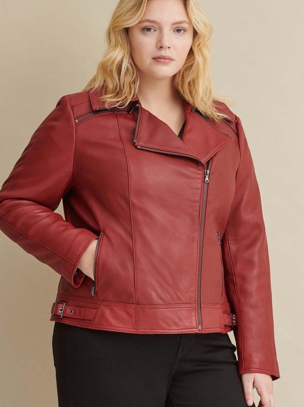 Red leather jacket with zipper details for women - Image 4