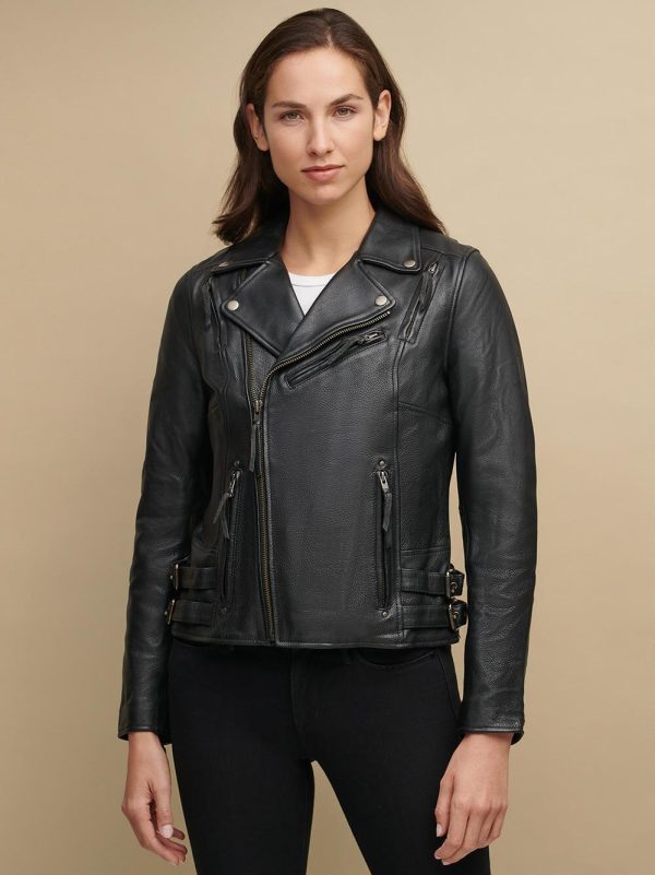 Performance style black leather jacket for women