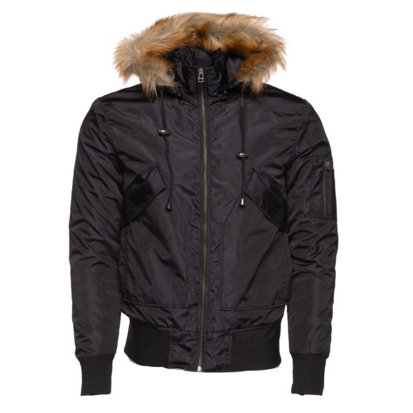 Isaac’s Black Nylon flight jacket with fur on collar - Image 2