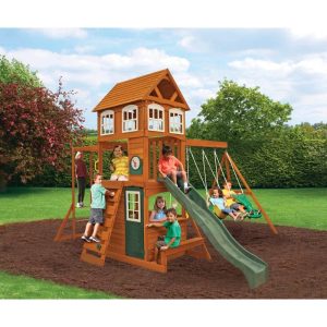 Kidkraft Cranbrook Wooden Outdoor Backyard Swing Set / Playset With Monkey Bars, Glider