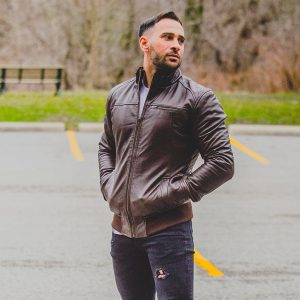 Brown leather jacket with straight ribbed collar, cuffs and hem - Image 4