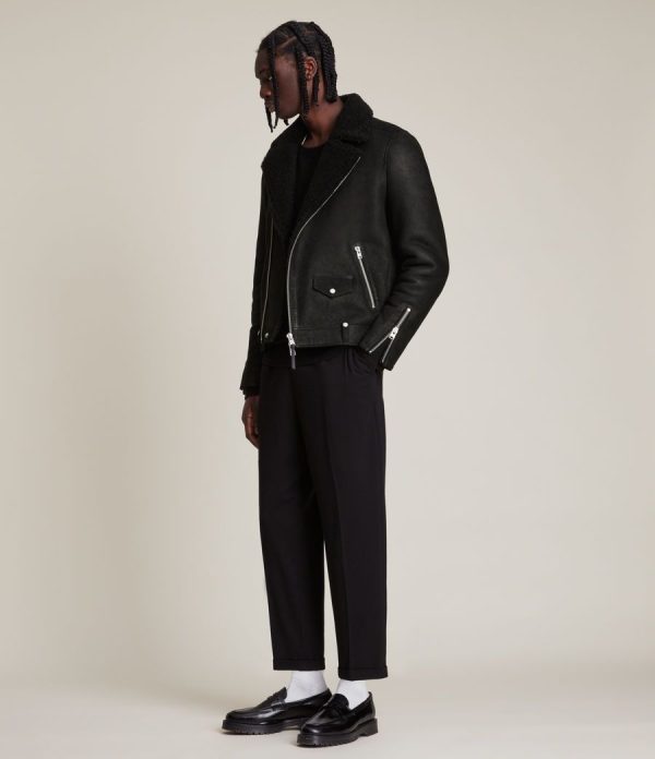 Miles shearling biker black jacket for men - Image 4