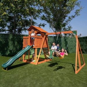 Sportspower Oak Grove Wooden Swing Set with Lifetime Warranty on 8′ Blow Molded Slide