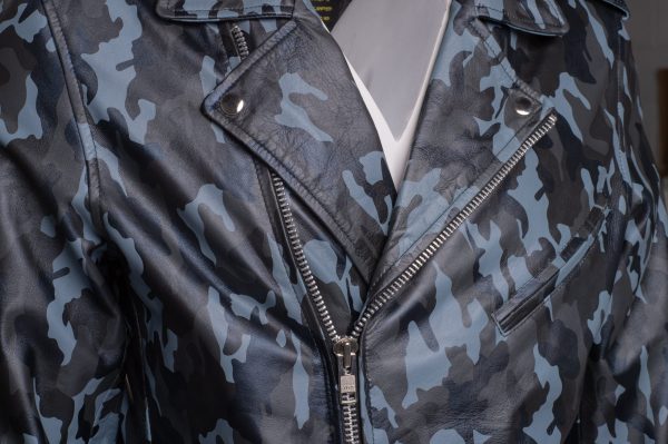 Aman Dowling’s Blue Camouflage biker style jacket - Image 3