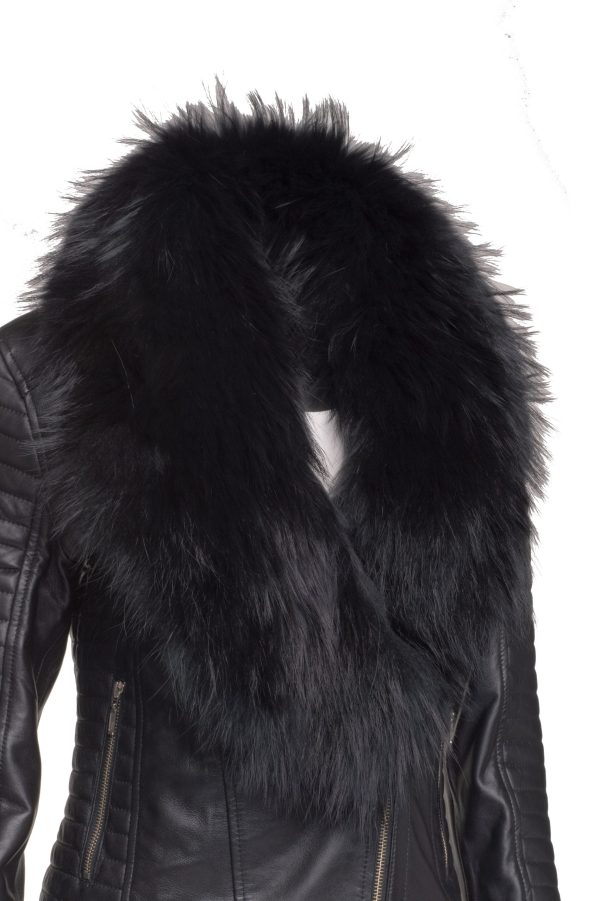 Amarah’s Large Fur Shawl leather jacket with ribbed sleeve detailing - Image 4