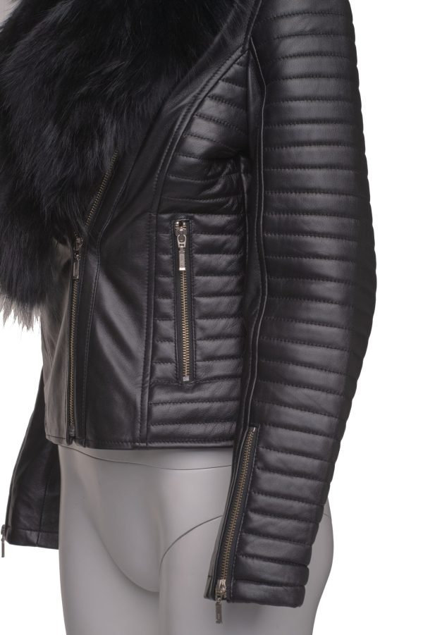Amarah’s Large Fur Shawl leather jacket with ribbed sleeve detailing - Image 5