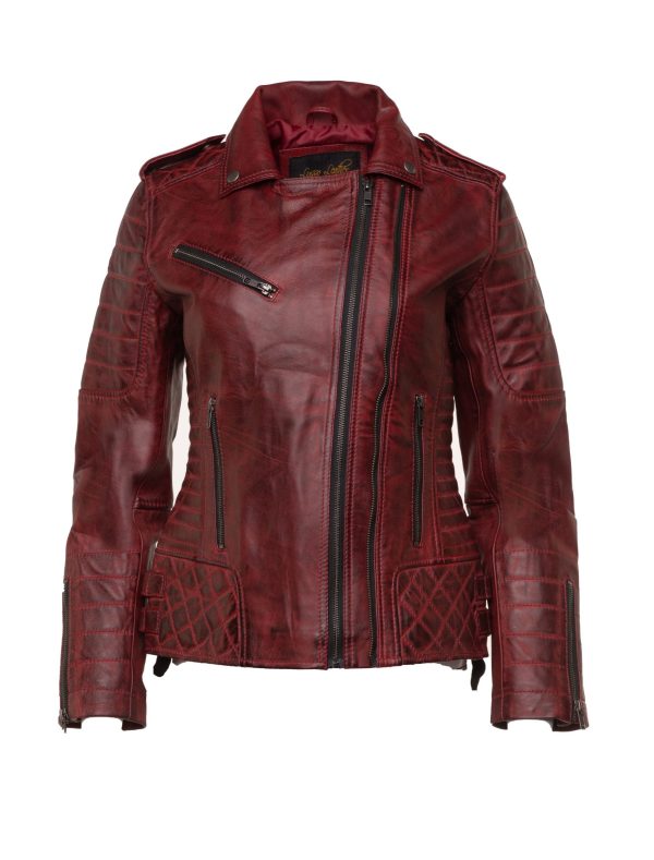 Marissa’s Antique red diamond quilted leather jacket with double zipper - Image 3