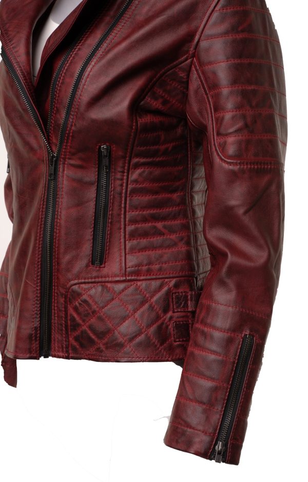 Marissa’s Antique red diamond quilted leather jacket with double zipper - Image 4