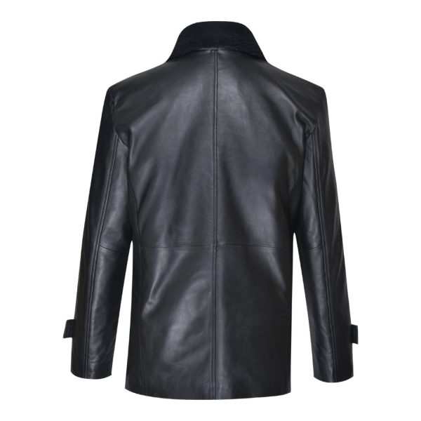 Eric’s black leather car coat with fur collar - Image 2