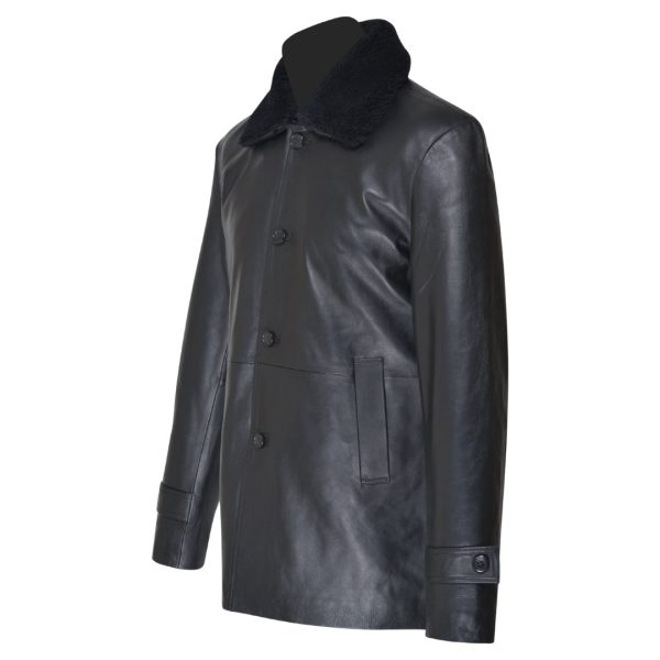 Eric’s black leather car coat with fur collar - Image 3