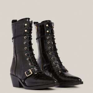 Kaylee black leather croc boots for women - Image 4