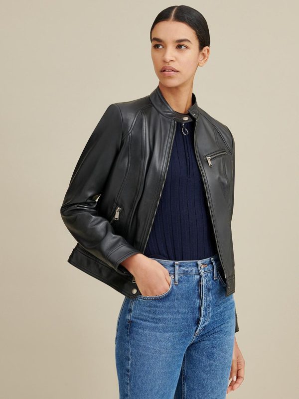 Snap tab collar black leather jacket for women