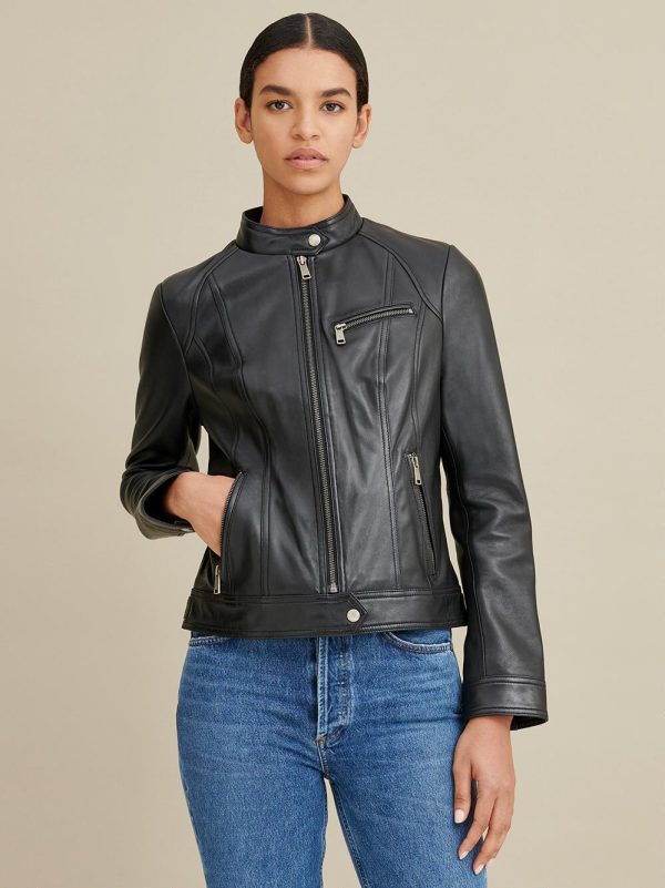 Snap tab collar black leather jacket for women - Image 4