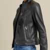 Snap tab collar black leather jacket for women - Image 3