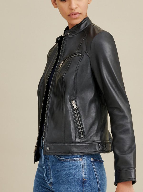 Snap tab collar black leather jacket for women - Image 3