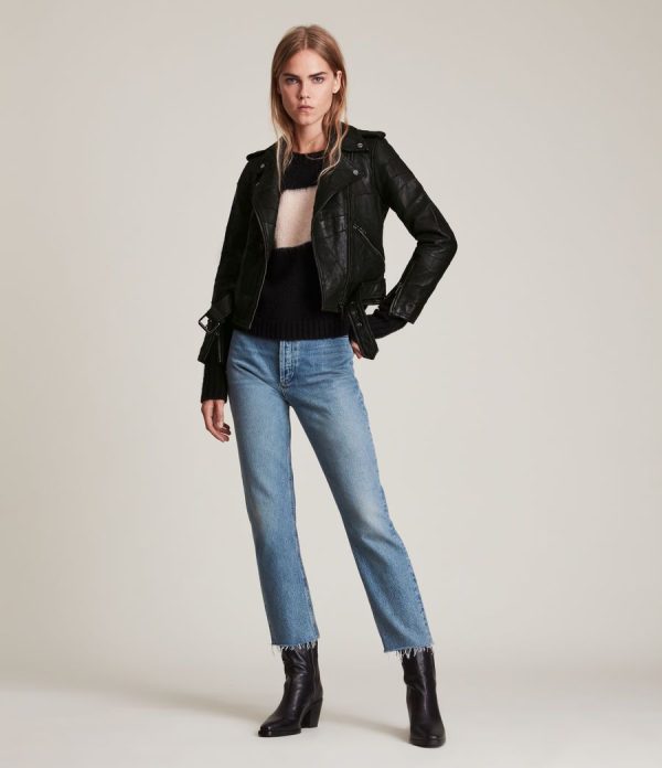 Balfern patch black leather biker jacket for women - Image 3
