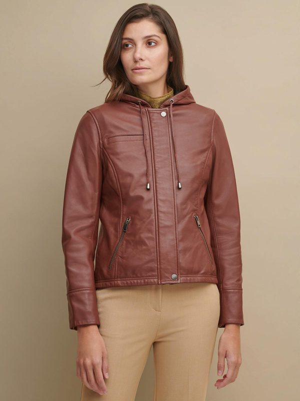 Classic hooded brown leather jacket for women - Image 2