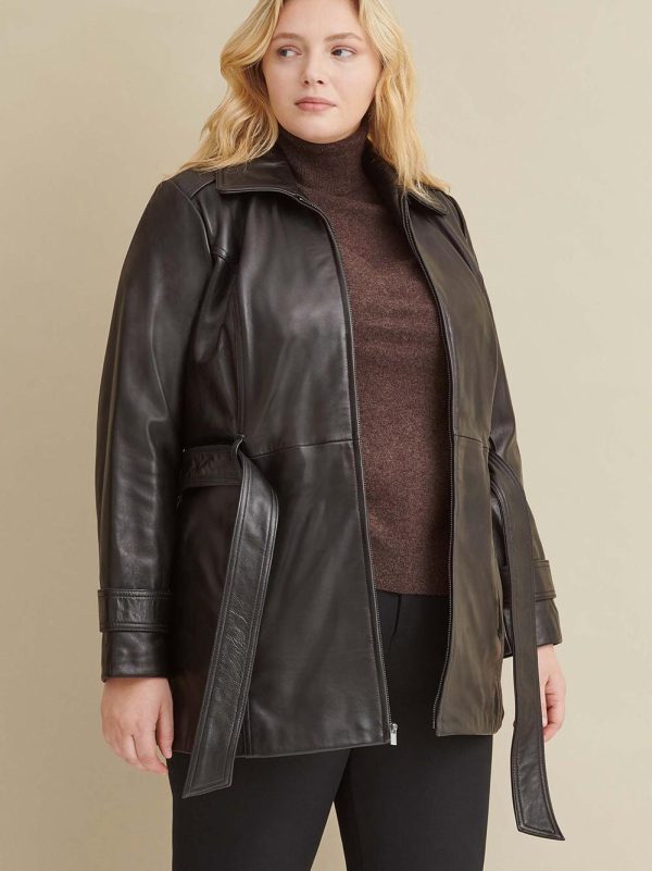Black leather belted jacket with zip out liner for women - Image 4