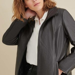 Thinsulate convertible collar black leather jacket for women - Image 4