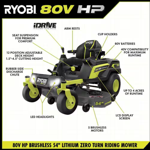 80V HP Brushless 54 In. Battery Electric Cordless Zero Turn Riding Mower (3) 80V Batteries (4) 40V Batteries and Charger - Image 5