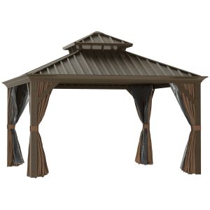12' x 12' Patio Gazebo, Mesh Curtains, Double Vented Steel Roof, Aluminum Coffee - Image 6