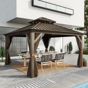 12' x 12' Patio Gazebo, Mesh Curtains, Double Vented Steel Roof, Aluminum Coffee - Image 2