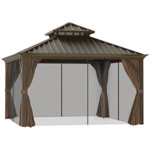 12' x 12' Patio Gazebo, Mesh Curtains, Double Vented Steel Roof, Aluminum Coffee - Image 4