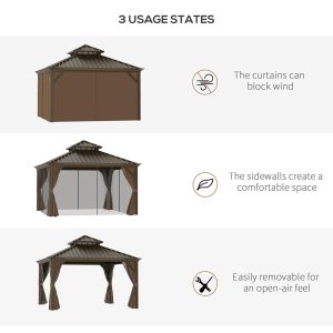 12' x 12' Patio Gazebo, Mesh Curtains, Double Vented Steel Roof, Aluminum Coffee - Image 3