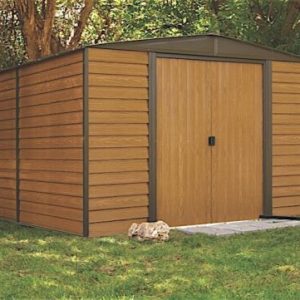 Arrow Sheds Woodridge Steel Storage Shed 10 ft. x 12 ft. Woodgrain Coffee