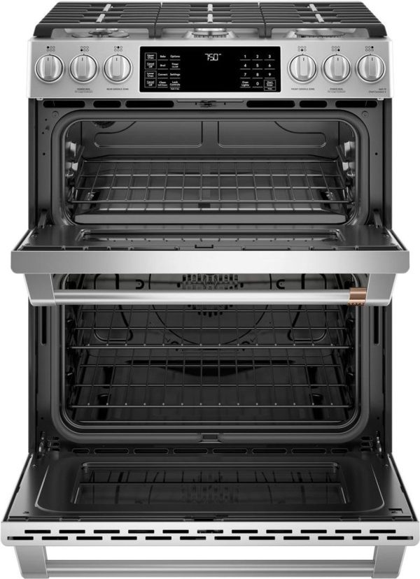 Cafe 30" Slide-In Gas Range with Double Oven and Front Controls - Stainless Steel with Brushed Stainless Steel Handles and Knobs - Image 2