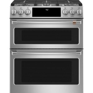 Cafe 30" Slide-In Gas Range with Double Oven and Front Controls - Stainless Steel with Brushed Stainless Steel Handles and Knobs