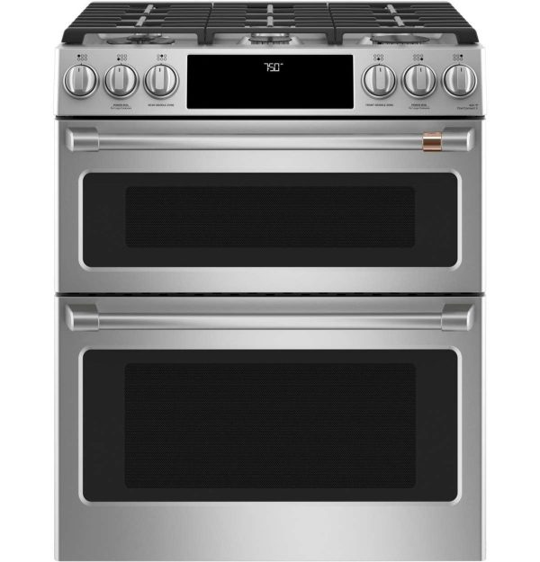 Cafe 30" Slide-In Gas Range with Double Oven and Front Controls - Stainless Steel with Brushed Stainless Steel Handles and Knobs