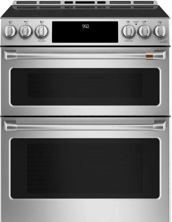 Cafe 30" Slide-In Front Control Induction Double Oven Range - Stainless Steel with Brushed Stainless Steel Handles and Knobs